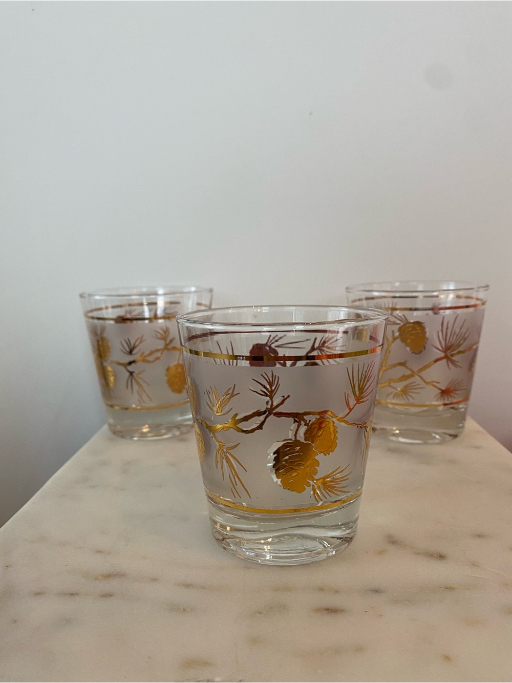 Vintage Libbey Glasses, Frosted Pine Cones, 22K Gold Barware, Set of 3